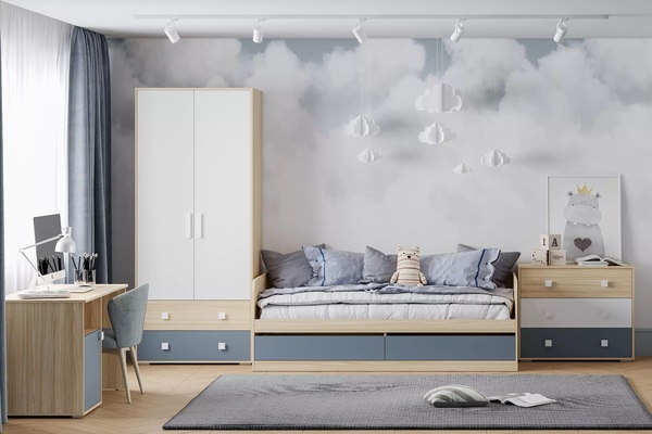 Детская комната Элиот композиция 7 белый фасадный, маренго, баунти песочный (собирается на любую сторону, спальное место 90 х 200)