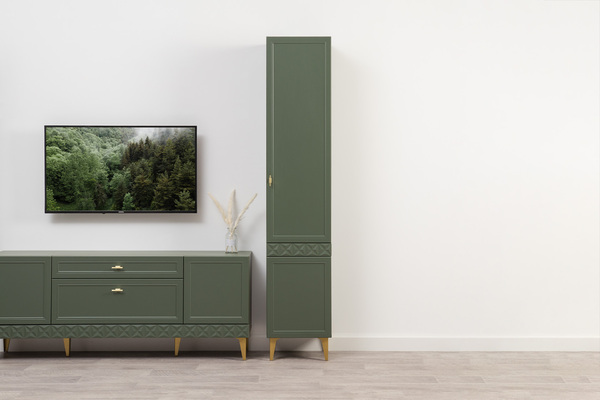 Шкаф-пенал Марион 16.333.01 дымчатый зеленый K521, олива шагрень AG 1050 ПВХ (собирается на любую сторону)