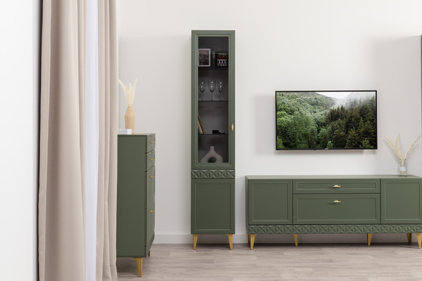 Гостиная Марион композиция 1 дымчатый зеленый K521, олива шагрень AG 1050 ПВХ, белый PE шагрень (собирается на любую сторону)