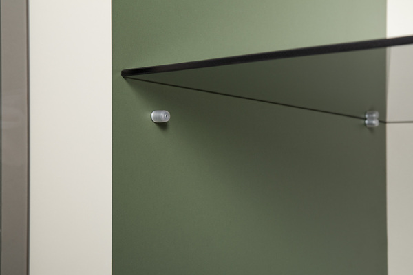 Шкаф-витрина Марион 16.397.01 дымчатый зеленый K521, олива шагрень AG 1050 ПВХ (собирается на любую сторону)