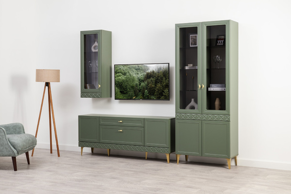 Шкаф-витрина Марион 16.397.02 дымчатый зеленый K521, олива шагрень AG 1050 ПВХ