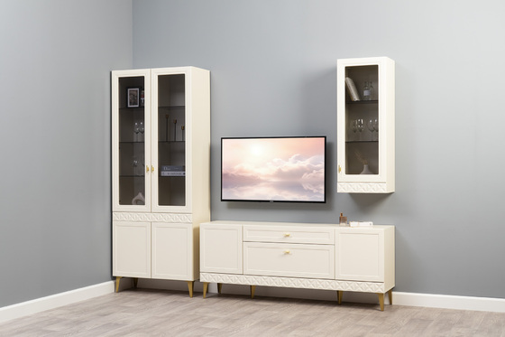 Гостиная Марион композиция 3 слоновая кость С341 PE, слоновая кость 6898 ПВХ, белый PE шагрень (собирается на любую сторону)