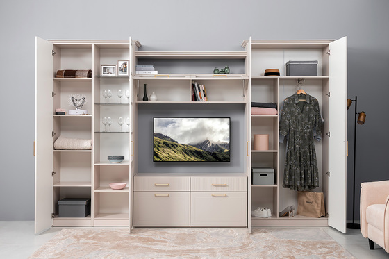 Гостиная Ричфорд композиция 1 с карнизами, кашемир 5981 BS, моно керамика D166-2 ПВХ, белый PE шагрень (собирается на любую сторону)