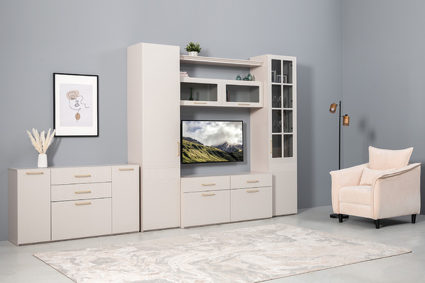 Гостиная Ричфорд композиция 2 без карнизов, кашемир 5981 BS, моно керамика D166-2 ПВХ, белый PE шагрень (собирается на любую сторону)